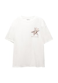 T-shirt en coton blanc avec un graphique d'étoile de mer marron sur la poitrine gauche. Manches courtes avec une coupe décontractée et un col rond.