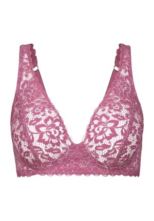 Lace bralette in mauve met een bloemenpatroon, een diepe halslijn, brede kanten schouderbanden en gegolfde randen voor extra detail. Zachte textuur.