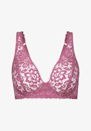 Lace bralette in mauve with floral pattern, plunging neckline, wide lace straps, and scalloped edges for added detail. Soft texture.