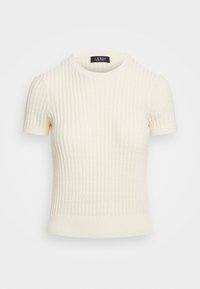 Krämfärgad kortärmad ribbad stickad topp med rund halsringning, med en strukturerad yta och en figurnära silhuett. Märkesetikett synlig inuti.