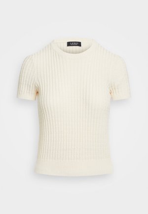 Crème kortemouw ribgebreide top met een ronde halslijn, met een gestructureerd oppervlak en een aansluitende silhoutte. Merkenlabel zichtbaar aan de binnenkant.