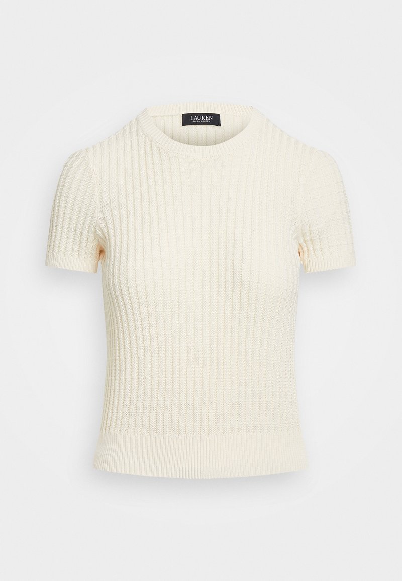 Krämfärgad kortärmad ribbad stickad topp med rund halsringning, med en strukturerad yta och en figurnära silhuett. Märkesetikett synlig inuti.