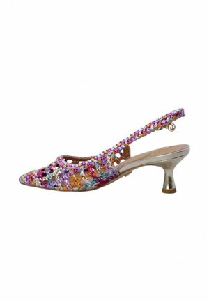 Scarpa slingback con punta affilata, caratterizzata da un motivo intessuto colorato in rosa, oro e blu. Tacco metallico argento, di media altezza.