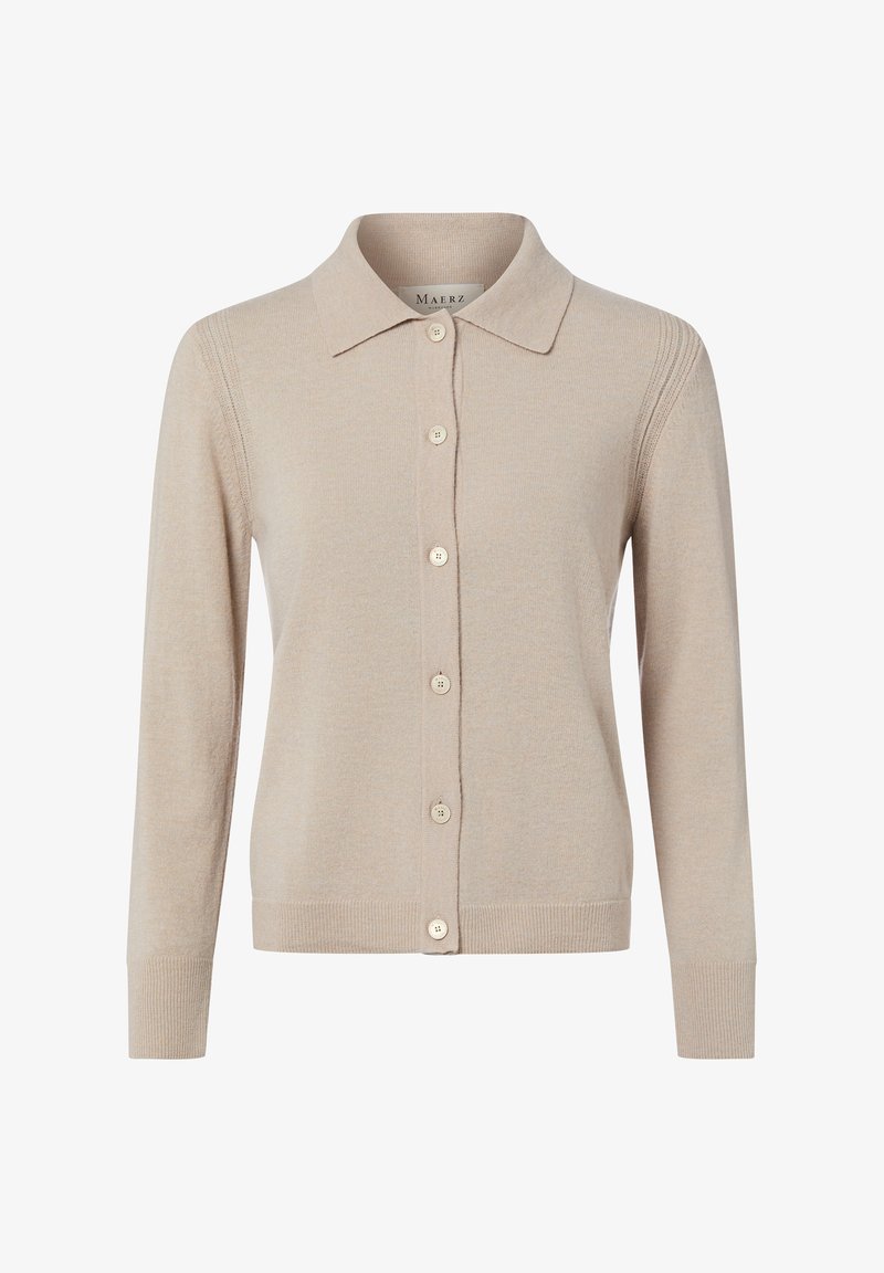Cardigan beige con bottoni, realizzato in morbido tessuto a maglia. Caratterizzato da scollo con colletto, maniche lunghe e sei bottoni chiari sulla parte anteriore.