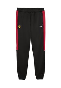 Sorte træningbukser med røde sidelæg, udstyret med et Ferrari-logo på venstre lår og et Puma-logo på højre. Elastisk talje, tapered fit.