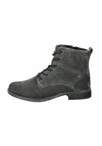 Botines de ante gris con punta redondeada, cordones negros y costuras en contraste. Incluyen un pequeño tacón y una cremallera en un lado.