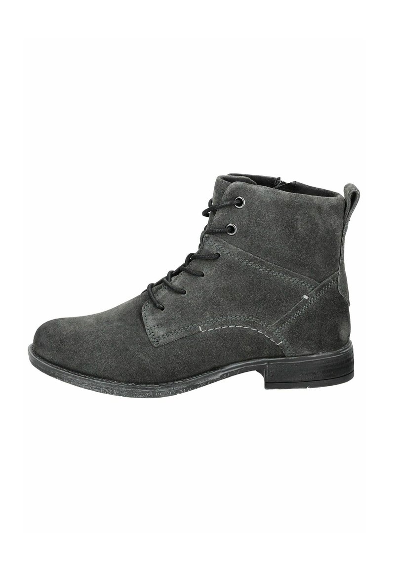 Botines de ante gris con punta redondeada, cordones negros y costuras en contraste. Incluyen un pequeño tacón y una cremallera en un lado.