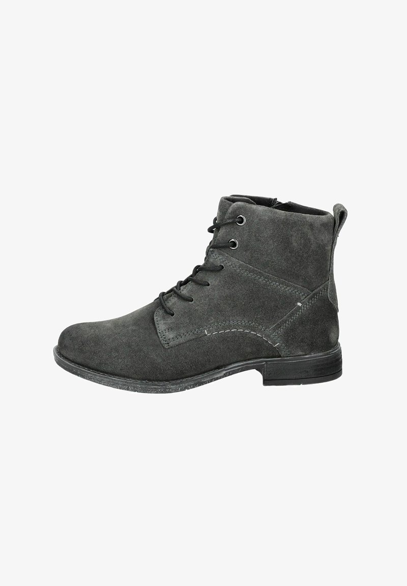 Bottines en daim grises avec un bout arrondi, des lacets noirs et des surpiqûres contrastantes. Elles présentent un petit talon et une fermeture éclair sur un côté.