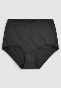 Zwarte high-waisted slip gemaakt van gladde, rekbare stof; heeft een gegolfde tailleband en minimale naden voor comfort.