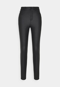 Pantalones ajustados negros hechos de una tela suave y elástica; cuentan con una cintura alta, cierre frontal con botón y un diseño minimalista sin patrones.