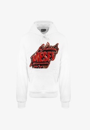 Witte hoodie met een groot, rood en zwart "DIESEL" logo in een scherpe, versleten stijl. Inclusief een voorzak met kangoeroe-ontwerp en een capuchon met koord.