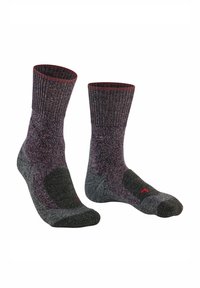 Para szarych i bordo skarpet z żeberkowymi mankietami, wzmocnionymi palcami i amortyzacją pięt. Teksturowana przędza zapewnia ciepło i trwałość.