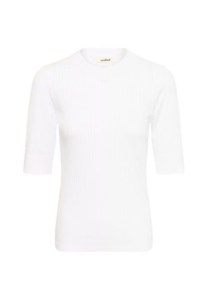 Fehér, bordázott kötésű felső, kerek nyakkivágással és rövid ujjakkal. Texturált anyag jellemzi, és testhezálló fazonú. Nincsenek látható logók vagy minták.