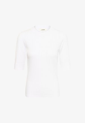 Fehér, bordázott kötésű felső, kerek nyakkivágással és rövid ujjakkal. Texturált anyag jellemzi, és testhezálló fazonú. Nincsenek látható logók vagy minták.