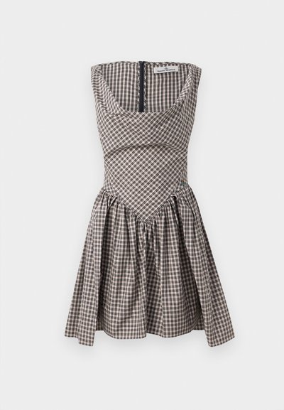 Checkered dress in brown and beige cotton fabric. Fitted bodice with a scoop neckline, flared skirt, and zipper closure at the back.
