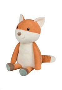 Plush fox toy with a soft orange and white body, round ears, and a smiling face; features textured fabric and colored paws.