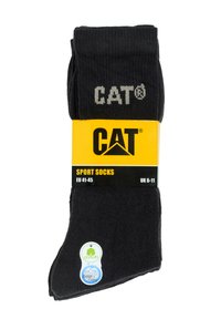 Schwarze Baumwoll-Sportsocken mit gerippter Textur, CAT-Logo in Grau, verpackt mit einem gelben Etikett, das die Größe EU 41-45, UK 6-11 anzeigt.