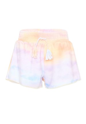 Pantaloncini tie-dye in tonalità pastello con vita elastica e nappine in cordoncino bianco intrecciato, caratterizzati da delicate sfumature di rosa, giallo, blu e viola.