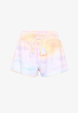 Pantaloncini tie-dye in tonalità pastello con vita elastica e nappine in cordoncino bianco intrecciato, caratterizzati da delicate sfumature di rosa, giallo, blu e viola.