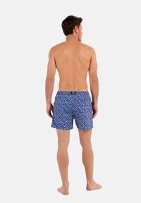 Shorts de bain bleus avec un motif coloré de galets, taille élastique et poches latérales, vus de l'arrière.