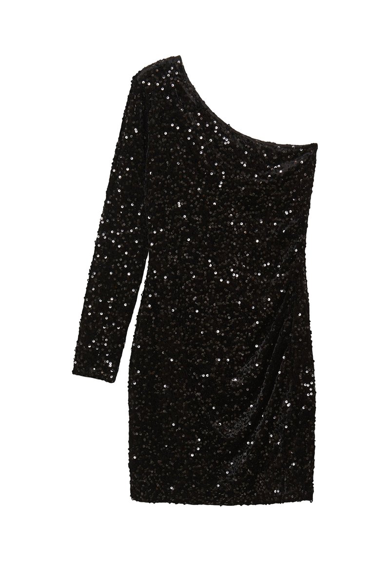 Abito nero in paillettes a spalla unica con manica lunga, dettagli drappeggiati e texture superficiale scintillante. Silhouette aderente.