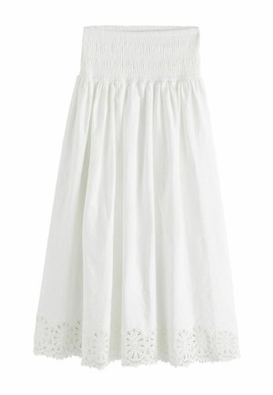 Biela midi sukňa s nariaseným pásom a lemom s volánikmi z čipky.