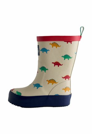 Dziecięce kalosze z kremową podstawą, kolorowymi wzorami dinozaurów, czerwonym obszyciem u góry, granatową podeszwą i zielonym uchwytem z tyłu.