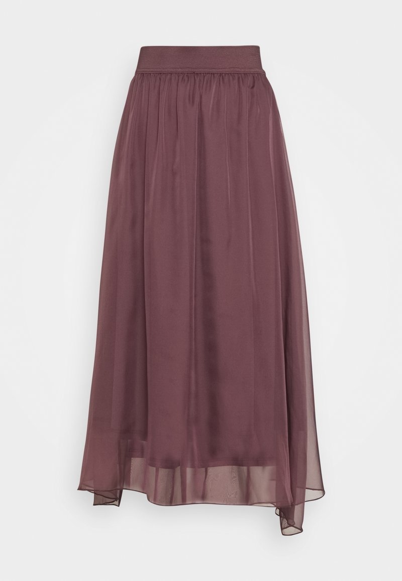 Burgundy maxi skirt made of lightweight sheer fabric with an elastic waistband and flowing silhouette, featuring a slightly longer back hem.