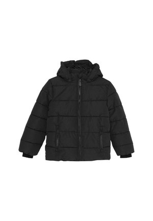 Giacca a vento nera con cappuccio, caratterizzata da un design trapuntato, zip frontale e due tasche laterali, realizzata in un materiale morbido e isolante.