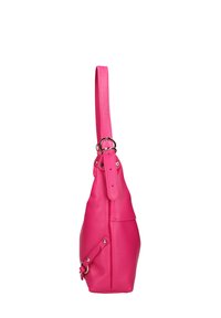 Borsa a tracolla in pelle rosa con superficie testurizzata, una sola tracolla e dettagli in metallo argentato. Forma sagomata con un taschino laterale.