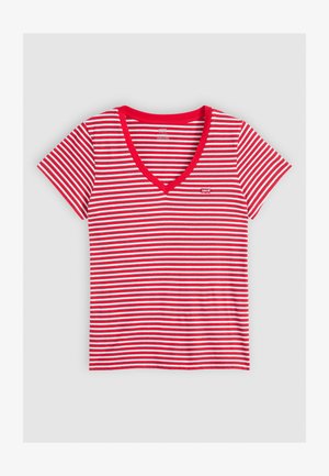 T-shirt rayé rouge et blanc avec un col en V, des manches courtes, et un petit logo Levi's rouge sur le côté gauche. Matière en coton doux.