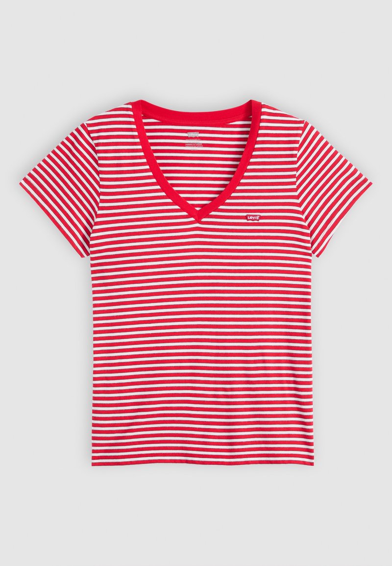 Rot-weißer gestreifter T-Shirt mit V-Ausschnitt, kurzen Ärmeln und kleinem rotem Levi's-Logo auf der linken Seite. Aus weichem Baumwollmaterial.