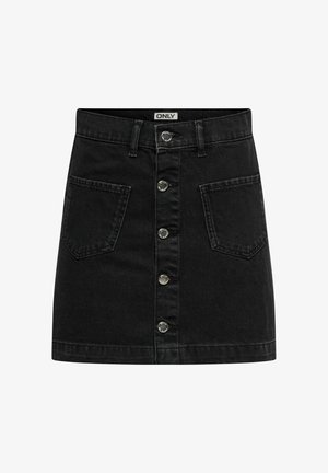 Mustast teksast seelik ees metallist nööpidega, kahe suure ees tasku, vööaasade ja sirge äärega.