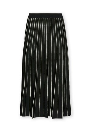 Jupe plissée noire à rayures blanches verticales, dotée d'une taille ajustée, confectionnée dans un tissu doux à la texture lisse.