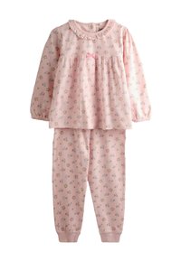 Set de pijamale roz cu flori, realizat dintr-un material moale; bluză cu mâneci lungi, guler cu volane și detaliu cu fundiță, pantaloni asortați cu talie elastică.