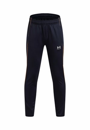 Navy athletic pants with an elastic waistband, side pockets, and orange accents along the seams. Features a small white logo on the leg.