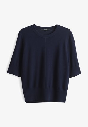 Marineblauer Pullover mit kurzen Ärmeln, Rundhalsausschnitt und geradem Saum; aus weichem, strukturiertem Stoff gefertigt.