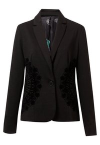 Blazer negro para mujer con cierre de un solo botón y sutiles patrones florales texturizados en los laterales, con cuello de solapa con muesca.