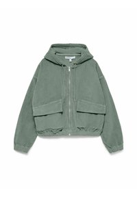 Grønne fløjlskjort med hætte, lynlåslukning og to forlommer. Har et cropped design og elastisk kant for et tætsiddende look.