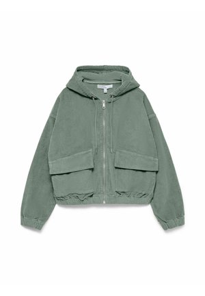 Grüne Cordjacke mit Kapuze, Reißverschluss und zwei vorderen Taschen. Verfügt über ein verkürztes Design und einen elastischen Saum für einen taillierten Look.