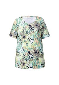 Košile s krátkým rukávem s květinovým vzorem v zelené, krémové a hnědé barvě. Má kulatý výstřih a lehkou, texturovanou látku.