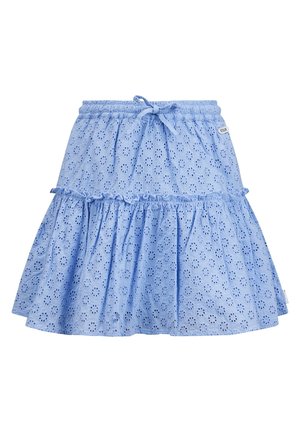Jupe en coton bleu clair présentant un design à couches avec des motifs ajourés, une taille élastique et un lien décoratif à l'avant.