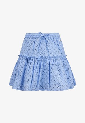 Jupe en coton bleu clair présentant un design à couches avec des motifs ajourés, une taille élastique et un lien décoratif à l'avant.