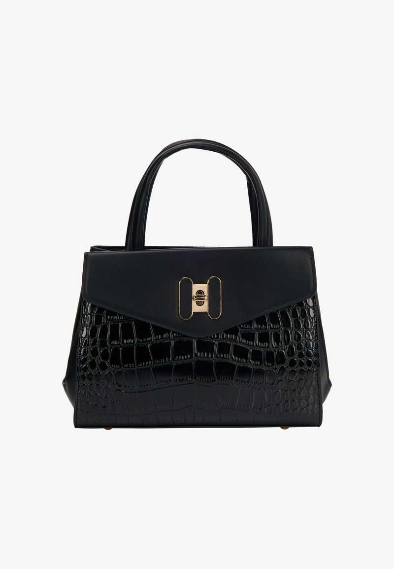 Czarna torebka z teksturowanym wzorem krokodyla na dolnej połowie, gładką górą, zakrzywionymi uchwytami i złotym zapięciem na środku.