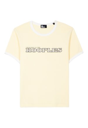Lichtgele T-shirt met korte mouwen en witte bies op kraag en mouwen, met zwarte "KOOPLES" tekst en Parijs adres op de voorkant.