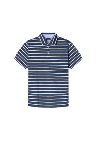 Granatowa koszulka polo w białe poziome paski, z krótkimi rękawami i klasycznym kołnierzykiem. Ma dwuburtowy zamek i miękką teksturę.
