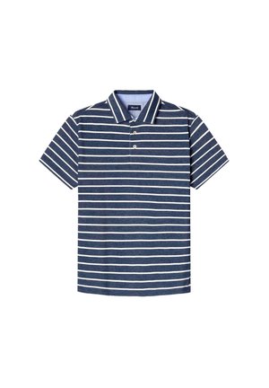 Polo bleu marine avec des rayures blanches horizontales, manches courtes et col classique. Dispose d'un boutonnière à deux boutons et d'une texture douce.