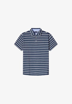 Polo shirt blu navy con strisce orizzontali bianche, maniche corte e colletto classico. Presenta una chiusura con due bottoni e una texture morbida.