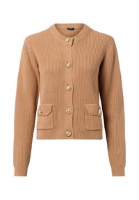 Beige Strickjacke mit langen Ärmeln, runder Halslinie, sechs dekorativen goldenen Knöpfen und zwei vorderen Klapptaschen mit goldenen Knopfverschlüssen.