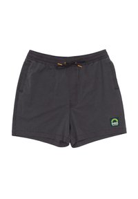 Men's swim shorts in dark gray fabric with an elastic waistband and drawstring. Features front pockets and a green logo patch.
